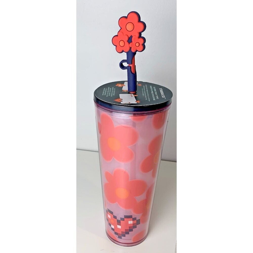 Starbucks Valentines Day Pink Pixel Heart Flower Straw Topper 24 oz Tumbler New